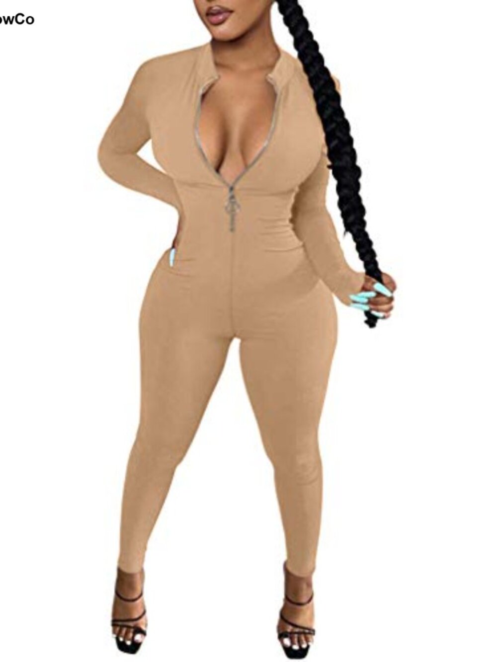 LAGSHIAN Women's Long Sleeve V-Neck Zip Up One Piece Jumpsuit